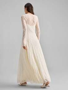 Ontre Đầm dài tay cổ tròn chất liệu jacquard thanh lịch dành cho nữ, màu trắng ren xòe, thích hợp cho các buổi tiệc, mã sản phẩm 2026SS. - Màu be - Xem 3