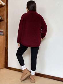 SHEIN EZwear 女款紐約字母圖案立領抓絨衛衣與緊身內搭褲套裝，酒紅色，秋季，休閒，校園，居家穿搭，黑色 - 酒紅色 - 查看 2