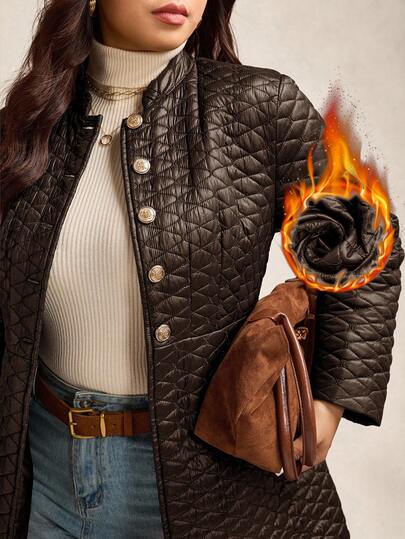 Zelara Chaqueta casual de invierno de manga larga y abotonadura sencilla con detalles metálicos para mujer de talla grande