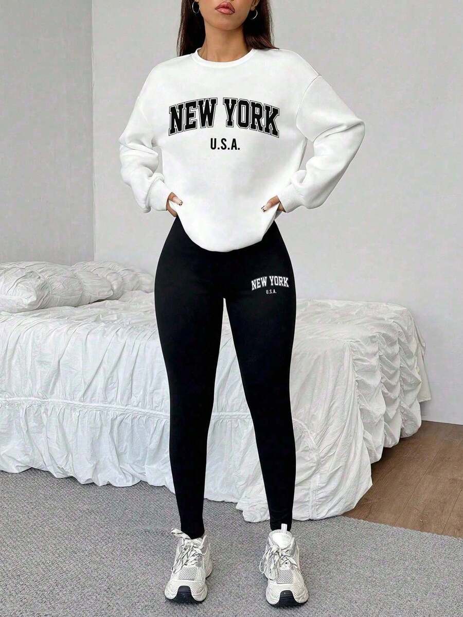 SHEIN Glowzi Teen Girl White Crew Neck Letter Print Graphic Loose Sweatshirt And Jogger Pants 2 Pieces Outfit - White - View 1