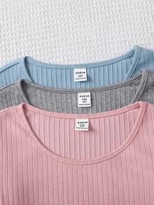 SHEIN 3pcs/Set Atasan Rajut Lengan Panjang Kerah Bulat Warna Polos Gaya Sporty Streetwear untuk Anak Perempuan Remaja - Baby Blue - View 4