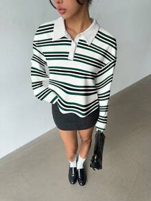 Aloruh ملابس علوية بولو مخططة للنساء للخريف/الشتاء، ملابس علوية بقصة مزدوجة، مخططة باللون الأخضر، بطراز كولدج، ملابس خارجية كاجوال عصرية جديدة