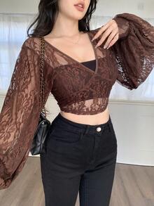 Feyla Elegant Romantic Lace V-Neck Lantern Sleeve Cropped Women Top - Coffee Brown - View 1