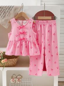 SHEIN Elladie kids Young Girls Bow Striped Print Top & Printed Casual Pants Set, Suitable For Summer - Coral Pink - View 1