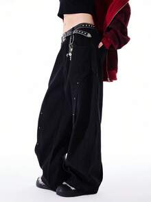 Bloopia Women's Casual Fashion Street Loose Fit Low Waist Rivet Decor Wide Leg Pants, Belt Not Included - Black - View 6
