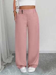 SHEIN PETITE CURVE Quần cạp cao tối giản màu trơn cỡ lớn, mặc thường ngày - Hồng - Xem 7