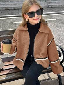 SHEIN 少女休闲街头风时尚拉链外套，仿皮领，撞色缎带饰边，宽松泰迪绒面料，秋冬款 - 棕色 - 查看 6