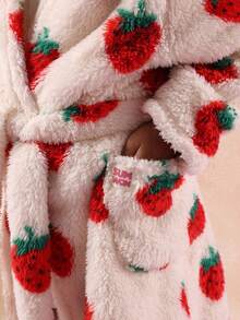 SUMWON Girls Fluffy Strawberry Print Dressing Gown With Hood And Belt Cozy Bathrobe For Kids Sleep Wear Winter Comfort For Casual And Vacation - Apricot - View 4