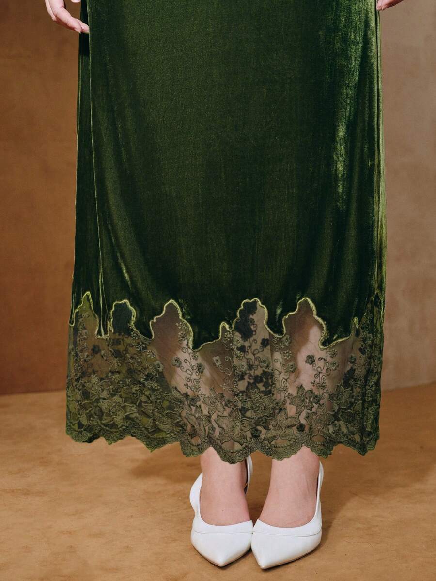 Anewsta Váy ôm dáng gợi cảm, chất lượng cao dành cho nữ, cỡ lớn, với ren thêu ở gấu váy, thích hợp cho dịp Giáng sinh. - xanh quân đội - Xem 1