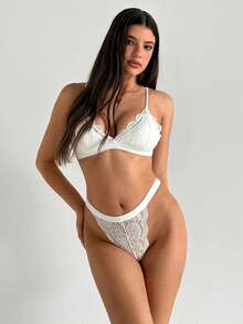 Aloruh 3-Piece Set. Elegant Lace For Ladies. Black And White. 3/4 Cup Size. Boneless Lace Decorative Thin Shoulder Strap Bra And Panties For Women. Sexy Lingerie Set - Multicolor - View 3