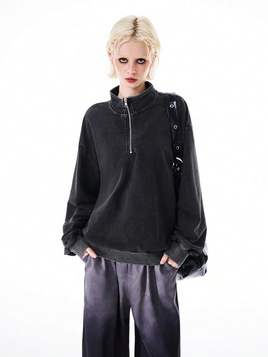 Bloopia Women's Vintage High Neck Zip-Up Sweatshirt, Autumn/Winter - Dark Grey - View 1