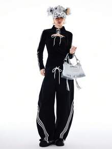 Bloopia 女士撞色条纹印花系带长袖丝绒露脐上衣 - 黑色 - 查看 5