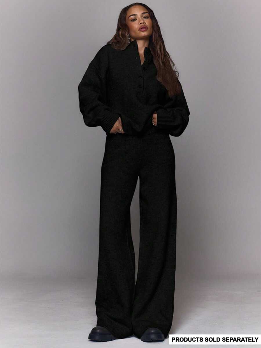 MUSERA 阔腿纽扣细节针织套装裤，冬季外出日常夜游休闲酷炫街头风水洗时尚度假款 - 黑色 - 查看 1