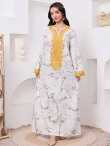 Teen Girl Elegant Geometric Pattern Floral Print Notch Neck Long Sleeve Long Maxi Dress - Multicolor - View 5