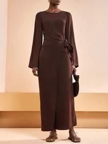 Zivah 2026春夏新款情人节、音乐节、复活节、西部风、游牧风、波西米亚风、纳什维尔风格连衣裙，适合派对、婚礼、晚宴、约会、聚会、生日、大学、学生、日常穿着，百搭基础款，休闲度假、邮轮旅行、海滩、日光浴、潮流风、优雅通勤、商务休闲等场合。喇叭长袖连衣裙，前系带，宽松直筒长款连衣裙，春夏连衣裙，深棕色连衣裙，休闲连衣裙，度假连衣裙，女士连衣裙 - 棕色 - 查看 5