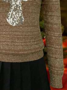 Franclia Suéter de punto de cuello redondo de manga larga con estampado de ciervos para mujer, suéter elegante francés de otoño/invierno con lentejuelas brillantes, top de punto casual para mujer, capa base elástica y ajustada, para Navidad, Oktoberfest, festivales de música - Marrón - Ver 3