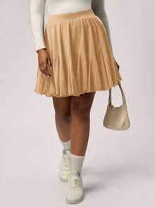 SHEIN Tall CURVE Plus Size Black Casual Loose A-Line Skirt, Fashionable, Black Ruffle Skirt, Shorts - Camel - View 4