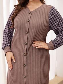 Lacomfia Plus Size Women's Vintage Patchwork Plaid Print V-Neck Single-Breasted Ruffle Hem Loose Dress, Spring/Autumn