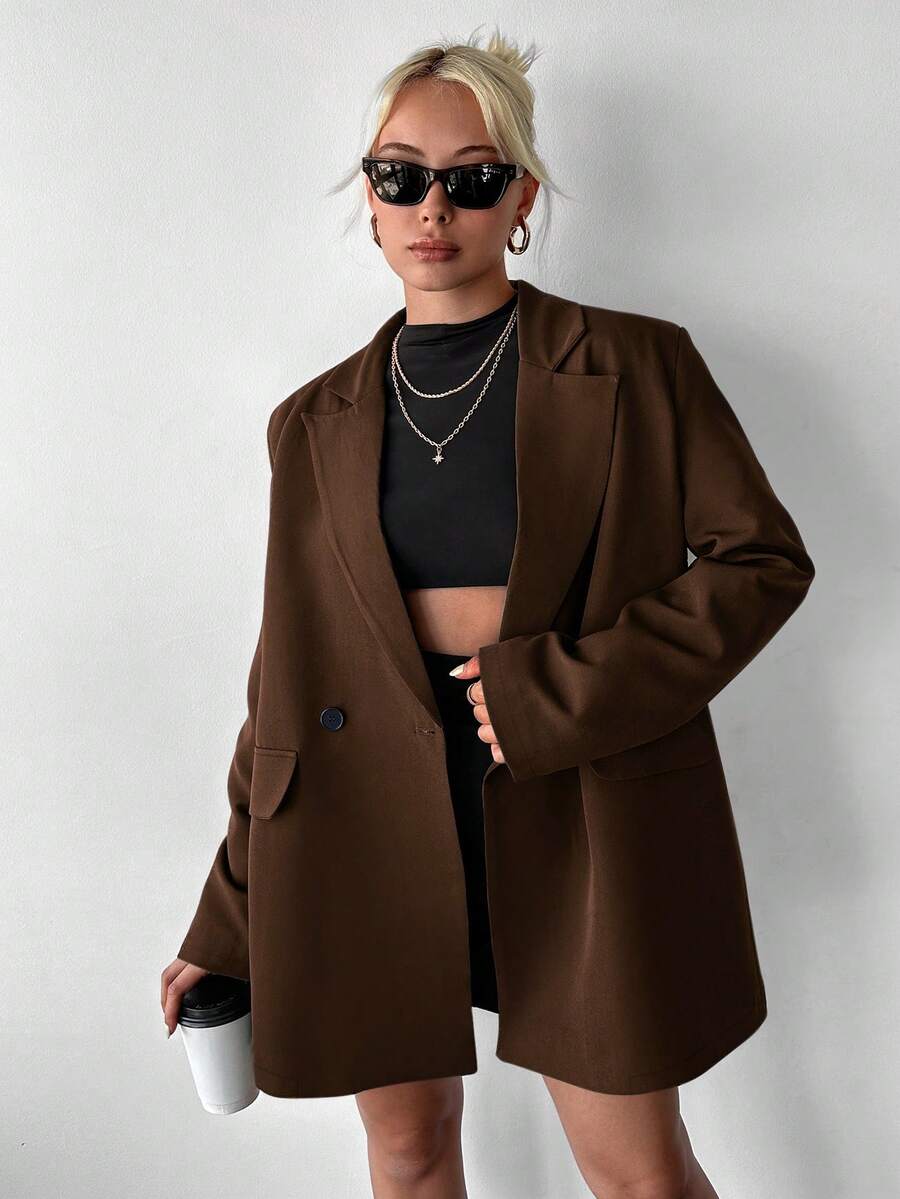 Ritzy Row Jaket Blazer Wanita Kasual Ukuran Besar dengan Bantalan Bahu, Panjang Sedang, Kancing Ganda - Coklat - View 1