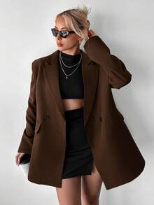 Ritzy Row Jaket Blazer Wanita Kasual Ukuran Besar dengan Bantalan Bahu, Panjang Sedang, Kancing Ganda - Coklat - View 4