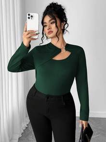 Elenzga Áo thun dài tay ôm sát thiết kế nhẫn trơn màu dành cho nữ - Màu xanh lá cây đậm - Xem 3