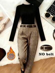 Franclia Stylish Autumn/Winter New Arrival: Versatile High-Neck Long-Sleeved Knitted Black T-Shirt, Base Layer + Brown Plaid, Plaid Trousers, Casual And Versatile High-Waisted Long Trousers, Spring/Autumn New Arrival: Thick Woolen Straight-Leg Trousers, Women's Two-Piece Set.Winter,Winter Clothes For Women,Christmas,New Year,New Year Clothes,Party,Beach,Elegant,Casual,Graduation Season Attire, Fashionable Casual Commuter Wear, Business Office Wear, Versatile And Stylish Everyday Casual Wear, Urban Teacher's Professional Attire - Multicolor - View 1