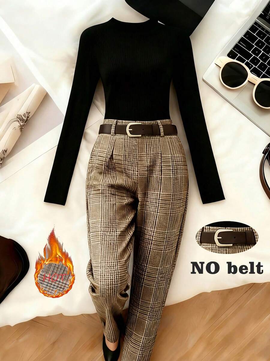 Franclia Stylish Autumn/Winter New Arrival: Versatile High-Neck Long-Sleeved Knitted Black T-Shirt, Base Layer + Brown Plaid, Plaid Trousers, Casual And Versatile High-Waisted Long Trousers, Spring/Autumn New Arrival: Thick Woolen Straight-Leg Trousers, Women's Two-Piece Set.Winter,Winter Clothes For Women,Christmas,New Year,New Year Clothes,Party,Beach,Elegant,Casual,Graduation Season Attire, Fashionable Casual Commuter Wear, Business Office Wear, Versatile And Stylish Everyday Casual Wear, Urban Teacher's Professional Attire - Multicolor - View 1