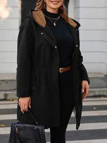 SHEIN PETITE CURVE Plus Size Waisted Hooded Fleece Jacket With Pocket/Winter - Black - View 5