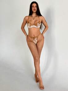 Aloruh Bộ đồ lót và áo ngực phối ren họa tiết hoa màu nâu cà phê bán trong suốt dành cho phụ nữ gợi cảm và thanh lịch, mang đến sự thanh lịch hàng ngày cho bộ đồ lót, bộ áo ngực kèm quần lót, bộ áo ngực thêu - Cà phê nâu - Xem 4