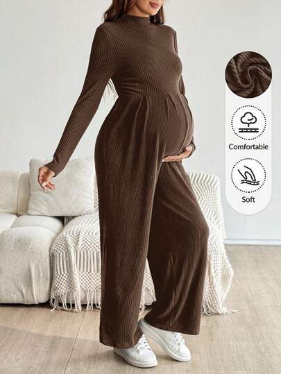 SHEIN Bekväm mjuk enfärgad långärmad jumpsuit för gravida, höst