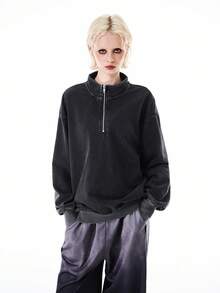 Bloopia Women's Vintage High Neck Zip-Up Sweatshirt, Autumn/Winter - Dark Grey - View 3