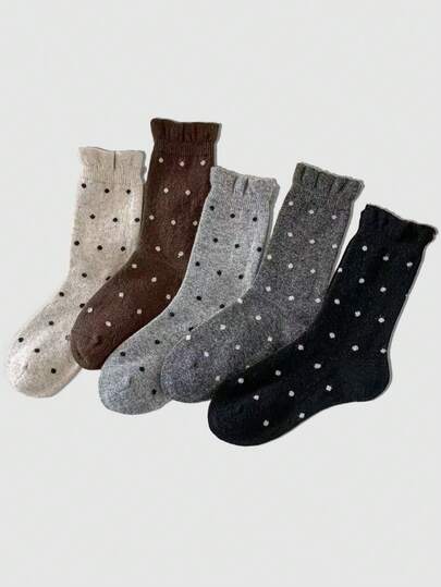 ROMWE Kawaii 四季女士中筒加厚学院风圆点绒面无骨袜 5 双装，咖啡色，百搭