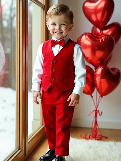 3pcs Baby Boy/Girl Red Gentleman Outfit - White Long Sleeve Shirt, Vest, And Pants Set, Suitable For Spring/Summer Wear, Ideal For Birthday Party, Christening, 1st Birthday Celebration, Formal Events, Wedding Guest, Pageboy, Ring Bearer Valentine's Day Toddler Tuxedo Suit Baby Boy Red Gentleman Suit Toddler Boys Wedding Outfits Red White Baby Boy Red Gold Wedding Outfit Baby Boy Valentines Outfit