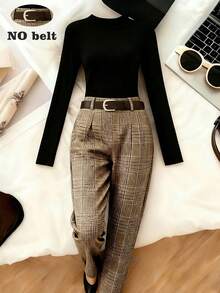 Franclia Stylish Autumn/Winter New Arrival: Versatile High-Neck Long-Sleeved Knitted Black T-Shirt, Base Layer + Brown Plaid, Plaid Trousers, Casual And Versatile High-Waisted Long Trousers, Spring/Autumn New Arrival: Thick Woolen Straight-Leg Trousers, Women's Two-Piece Set.Winter,Winter Clothes For Women,Christmas,New Year,New Year Clothes,Party,Beach,Elegant,Casual,Graduation Season Attire, Fashionable Casual Commuter Wear, Business Office Wear, Versatile And Stylish Everyday Casual Wear, Urban Teacher's Professional Attire - Multicolor - View 3