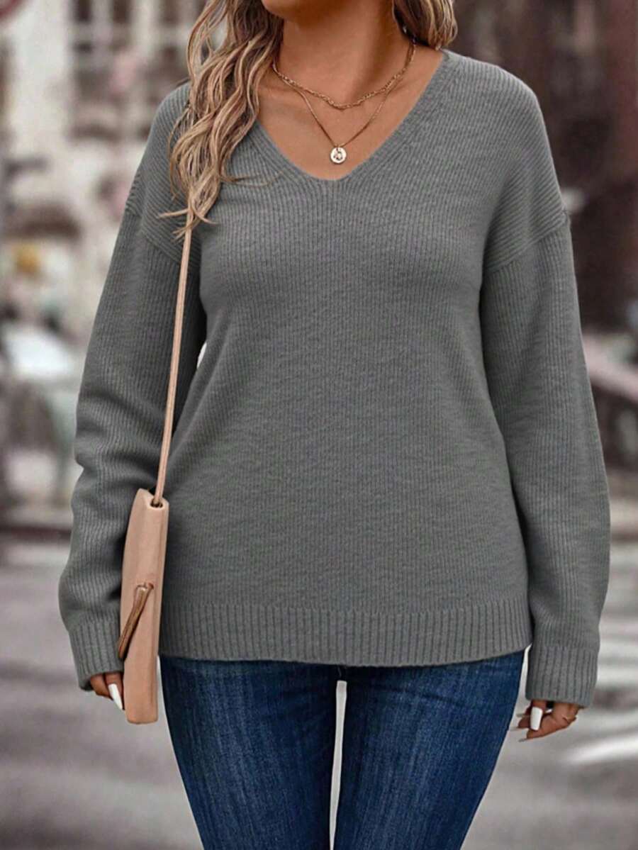 "Suéter de Punto con Cuello V y Collarin - Cómodo, Elegante y Versátil para Estilo Cotidiano" - Gris medio - Ver 1