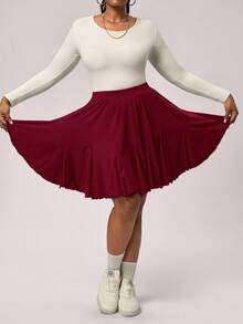 SHEIN Tall CURVE Plus Size Black Casual Loose A-Line Skirt, Fashionable, Black Ruffle Skirt, Shorts - Burgundy - View 6