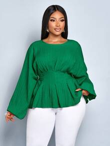 SOLERSUN 女士大码时尚纯色宽松休闲外出深褶蝙蝠袖长袖衬衫，宽松休闲上衣，露脐系带露背上衣，女士纯色圆领系带长袖衬衫，秋冬女装 - 綠色 - 查看 5