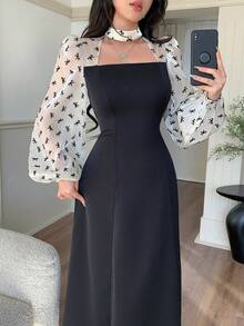 Feyla 女士优雅蝴蝶结印花拼接薄纱腰部中长连衣裙，春秋季 - 黑色 - 查看 8