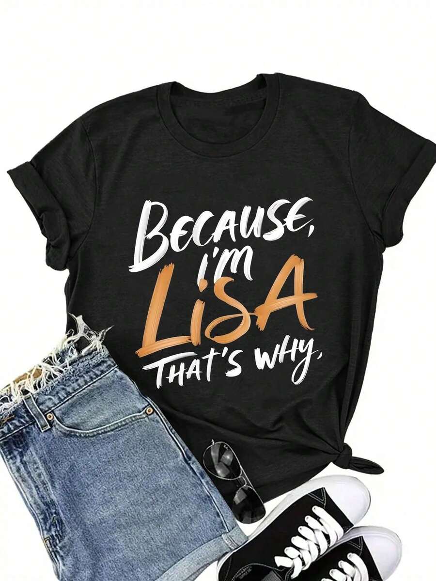 INAWLY 女士加大码圆领短袖T恤，印有标语图案，适合春夏穿着。女装图案T恤，女士上衣，女士T恤，女士趣味图案T恤，女士趣味衬衫。 - 黑色 - 查看 1