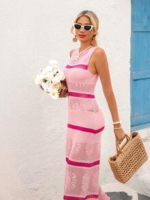 Vivid Eden Spring/Summer Outing Holiday Date Dresses, Spring/Summer Casual Vacation Round Neck Sleeveless Sweater Dress With Subtle Floral Stripes, Summer Beach Dresses, Back-To-School Outfits, Very Simple Outfits, Women's Country Style, Office Wear, Old Money Style, Teacher's Outfits, Date Outfits, Graduation Season Dresses, Women's Dresses, Spring/Summer Casual Dresses, Summer Valentine's Day Knitted Striped Dresses - Multicolor - View 6