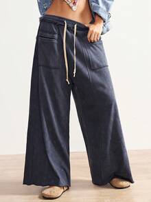 Bohemela Quần nỉ ống rộng dệt kim trơn màu đơn giản dành cho nữ - Xám - Xem 6