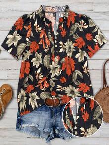 Hourglow 大码夏季休闲树叶印花前开襟纽扣荷叶边短袖衬衫 - 黑色 - 查看 1