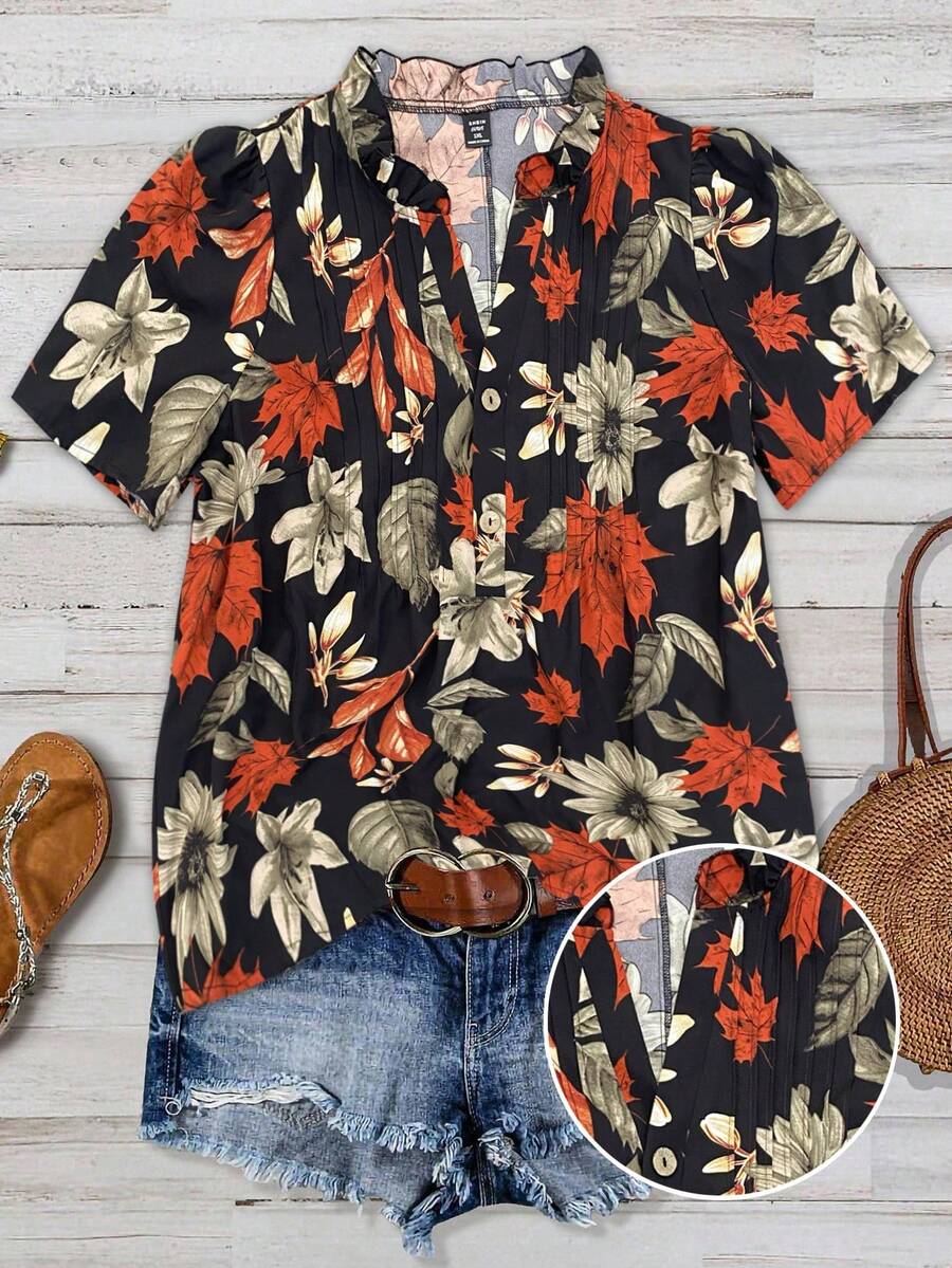 Hourglow 大码夏季休闲树叶印花前开襟纽扣荷叶边短袖衬衫 - 黑色 - 查看 1