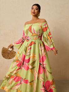 Travachic Robe longue à manches longues et imprimé floral vert pour femmes grandes tailles, robe longue à épaules dénudées avec taille cintrée et fente avant en forme de ligne A, robe romantique pour un rendez-vous au début du printemps - Vert - Voir 6