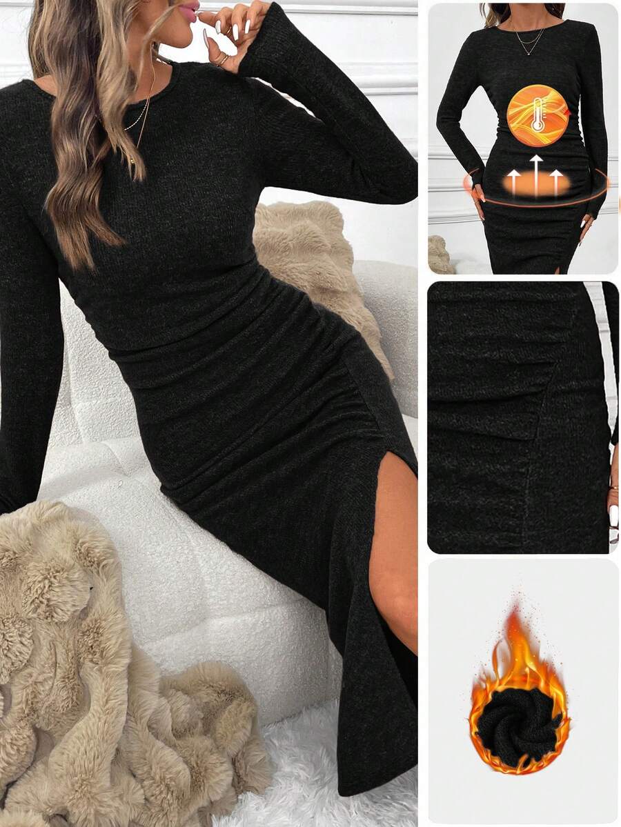 SHEIN Clasi Women's Solid Color Round Neck Long Sleeve Side Slit Ruched Hem Fitted Mid-Length Dress - Black - View 1
