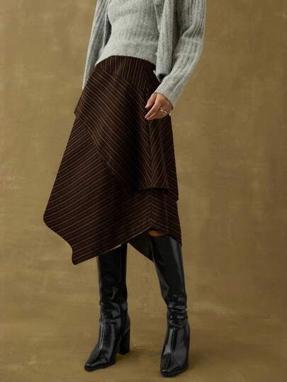 Nöista Women's Navy Pinstripe Midi Skirt Featulayering A Draped Asymmetrical Overlay. Perfect For Office Wear, Formal Events, , Stylish Parties, Elegant Skirt Adds A Sophisticated Touch To Spring Break Outfits Outfits , Clothes For Women, Blending Design With Modern Flair.