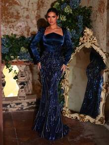 Aureia 优雅、浪漫、奢华、高贵、海军蓝、亮片面料、缎面拼接、长袖、鱼尾下摆，适合度假、婚礼、单身派对、正式舞会、盛大晚宴（装饰繁复） - 寶藍色 - 查看 2