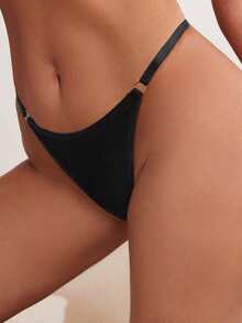 Women's Black Plain Thong Panties With Ring Detail Medium Stretch Casual Underwear - Black - View 4