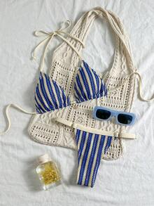 Swim Mod 女士撞色网纱吊带三角上衣和可调节侧系带三角下装比基尼两件套泳衣 - 彩色 - 查看 6