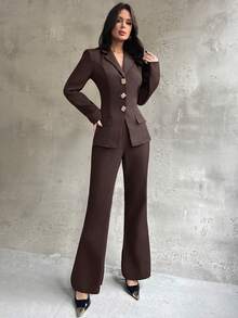 Firerie 女式优雅复古钱币图案西装外套和修身喇叭裤套装